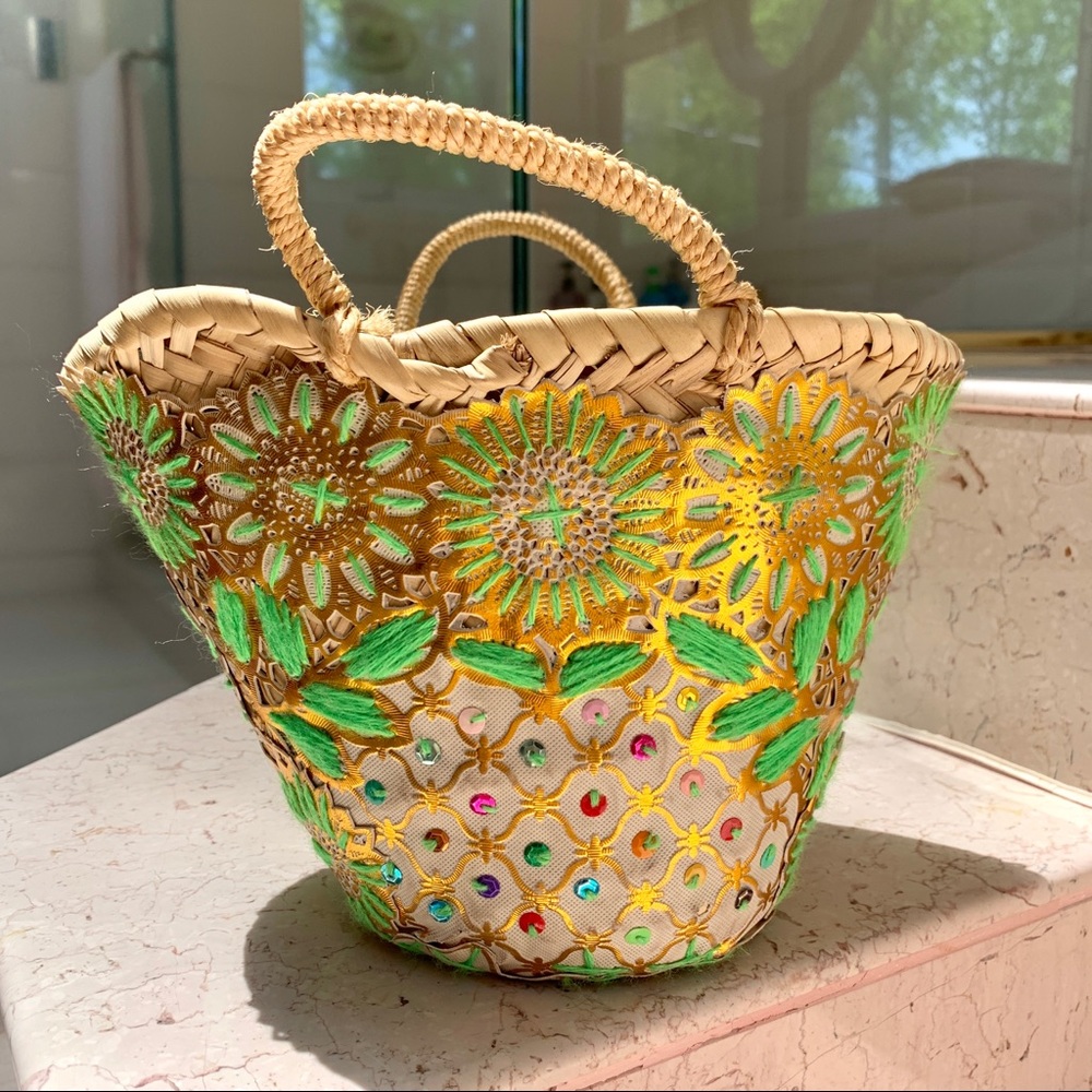 Cute Embroidered Neon Green Basket Tote